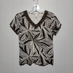 JM Collection Petite‎ Black White Leaf Print V Neck Studded Top Size S